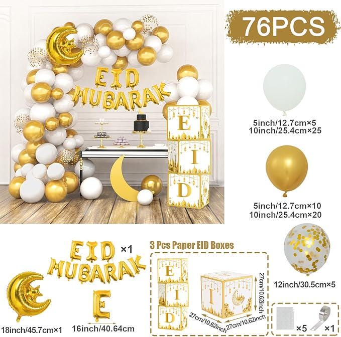 Eid Mubarak Decorations Home 2025 White Gold Balloon Arch Moon Star Ramadan Party Decor
