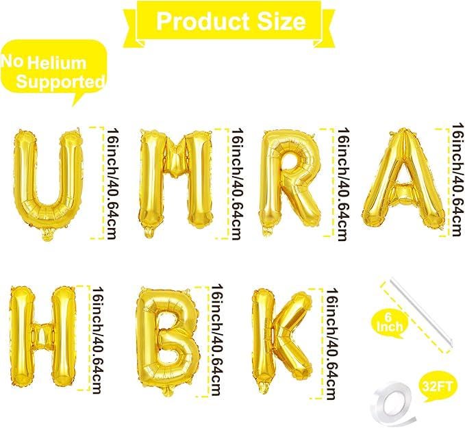 16 Inch Umrah Mubarak Letter Balloons Banner Mylar Foil Decorations for Ramadan Eid