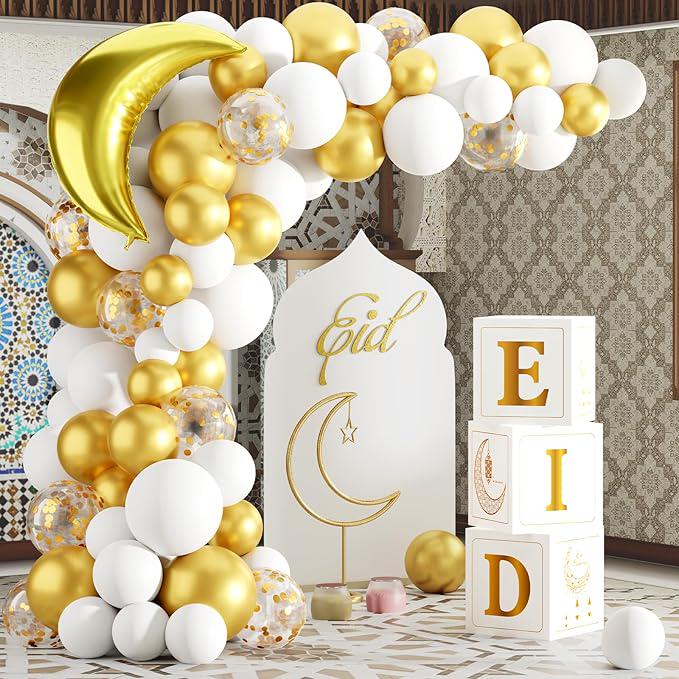 Eid Mubarak Home Decoration 2025 White Gold Balloon Arch Star Moon Ramadan Decor