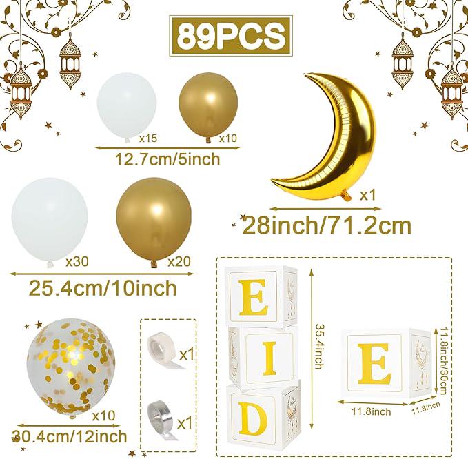 Eid Mubarak Home Decoration 2025 White Gold Balloon Arch Star Moon Ramadan Decor