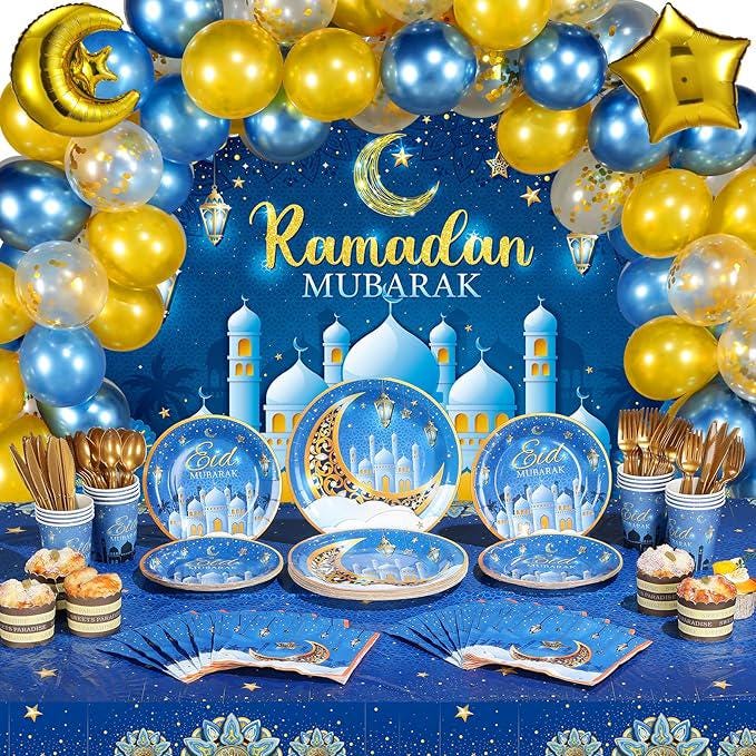 167PCS Eid Mubarak Party Decorations Ramadan Backdrop Balloon Tableware Blue Set