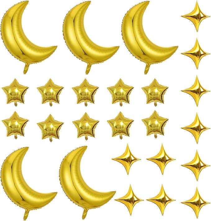 Gold Moon and Star Foil Balloons, 25 Piece Party Set