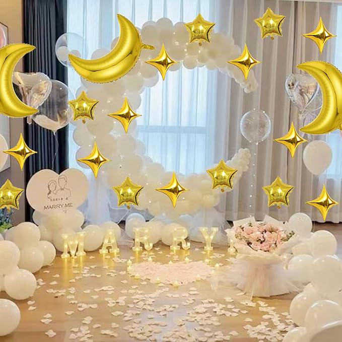 Gold Moon and Star Foil Balloons, 25 Piece Party Set