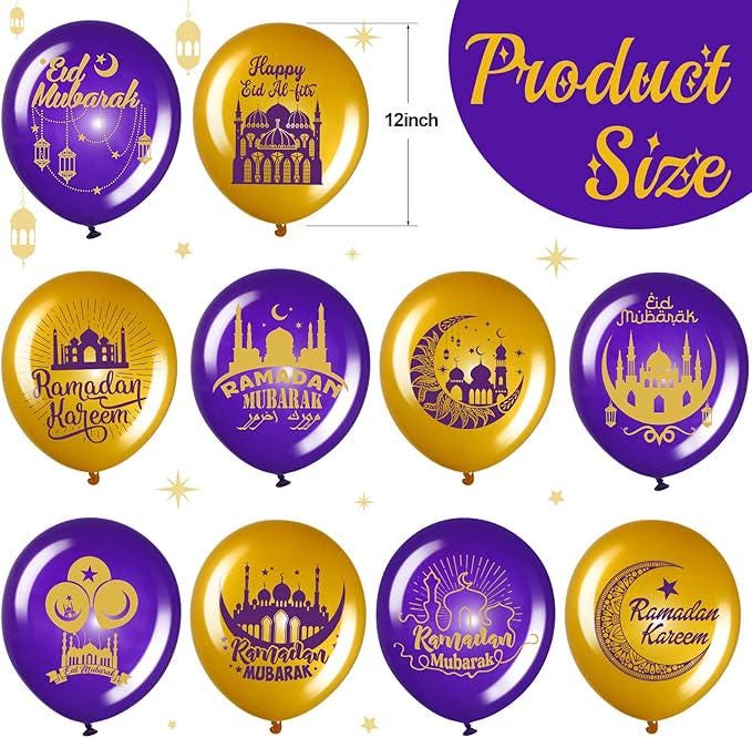 40PCS Ramadan Mubarak Balloons Eid Latex Party Decorations Purple Gold Home Decor