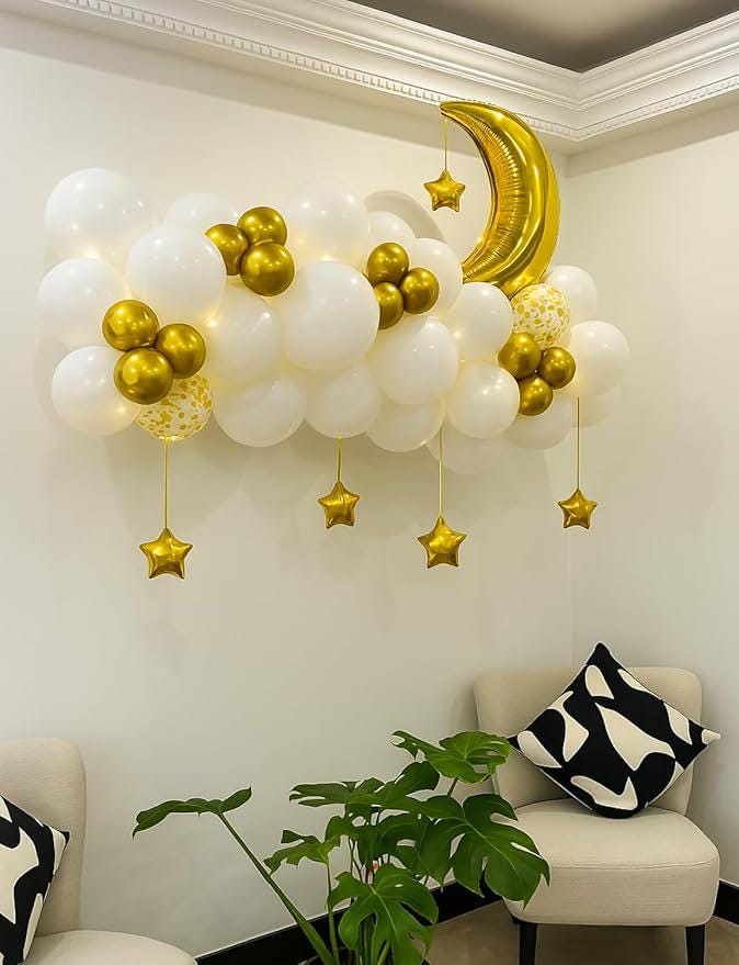 White Gold Party Decorations Moon Star Foil Balloons Baby Shower Decor