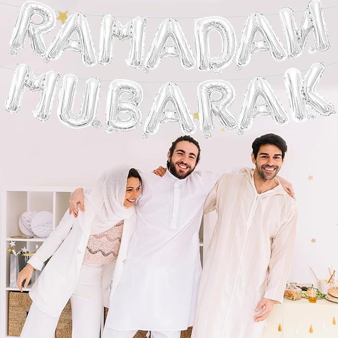 16 Inch Ramadan Mubarak Letter Balloons Silver Mylar Eid Party Decor