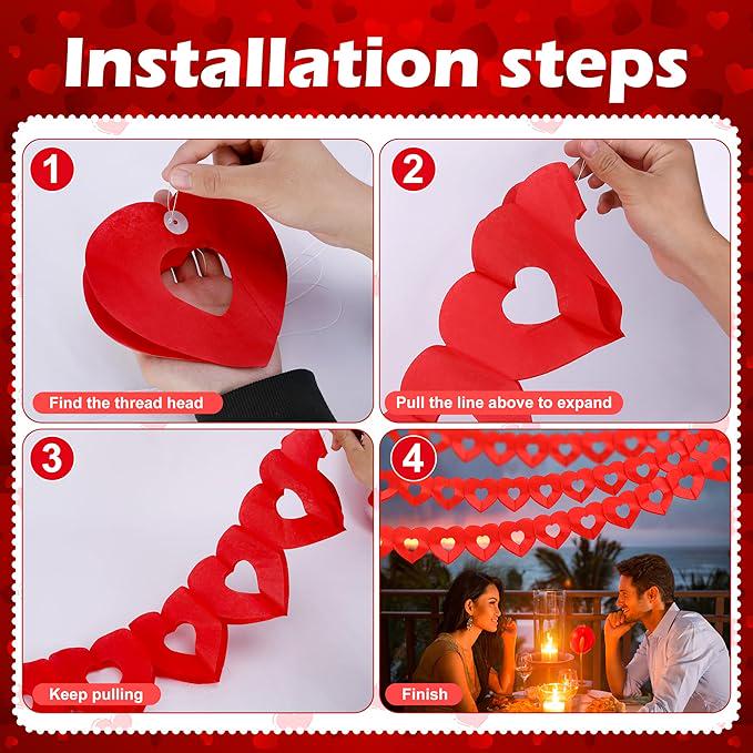 10Pcs Valentines Day Heart Garland Banner 100Ft Red Paper Hanging Party Decor