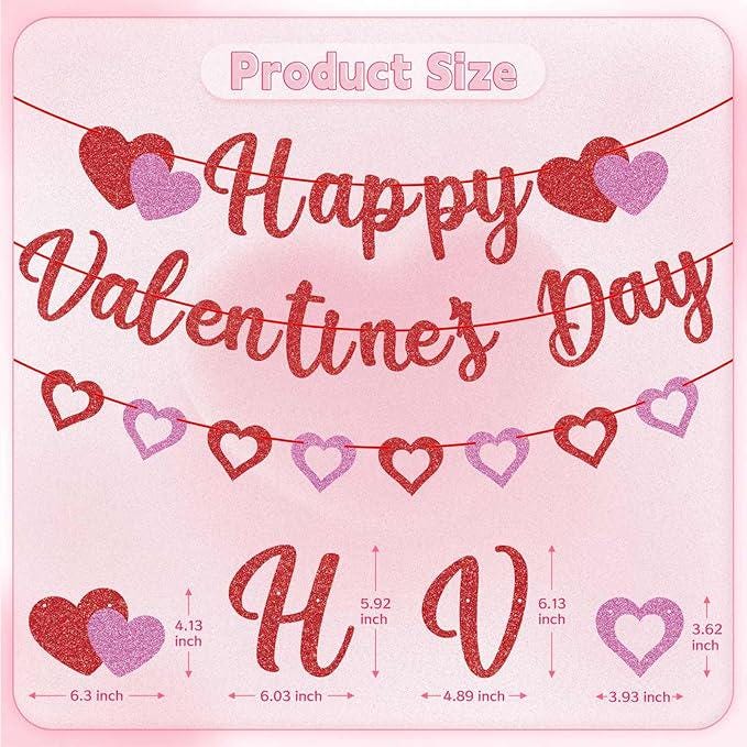 Glitter Happy Valentines Day Banner Red Pink Hanging Heart Party Decoration