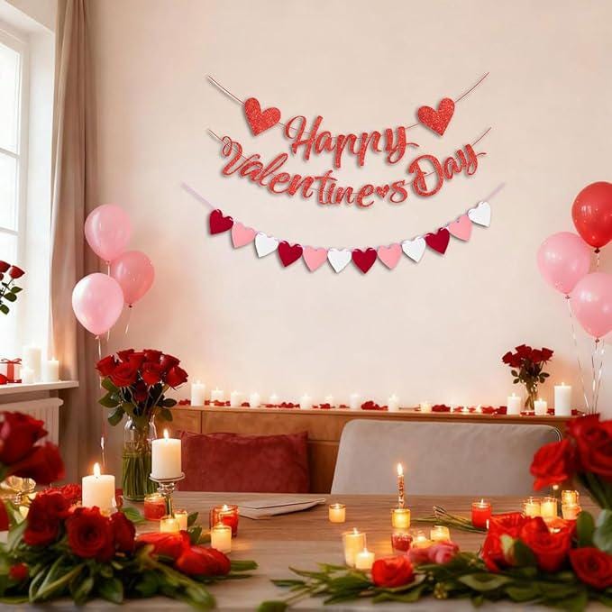 Happy Valentines Day Glitter Banner Red Pink Heart Garland Party Decor