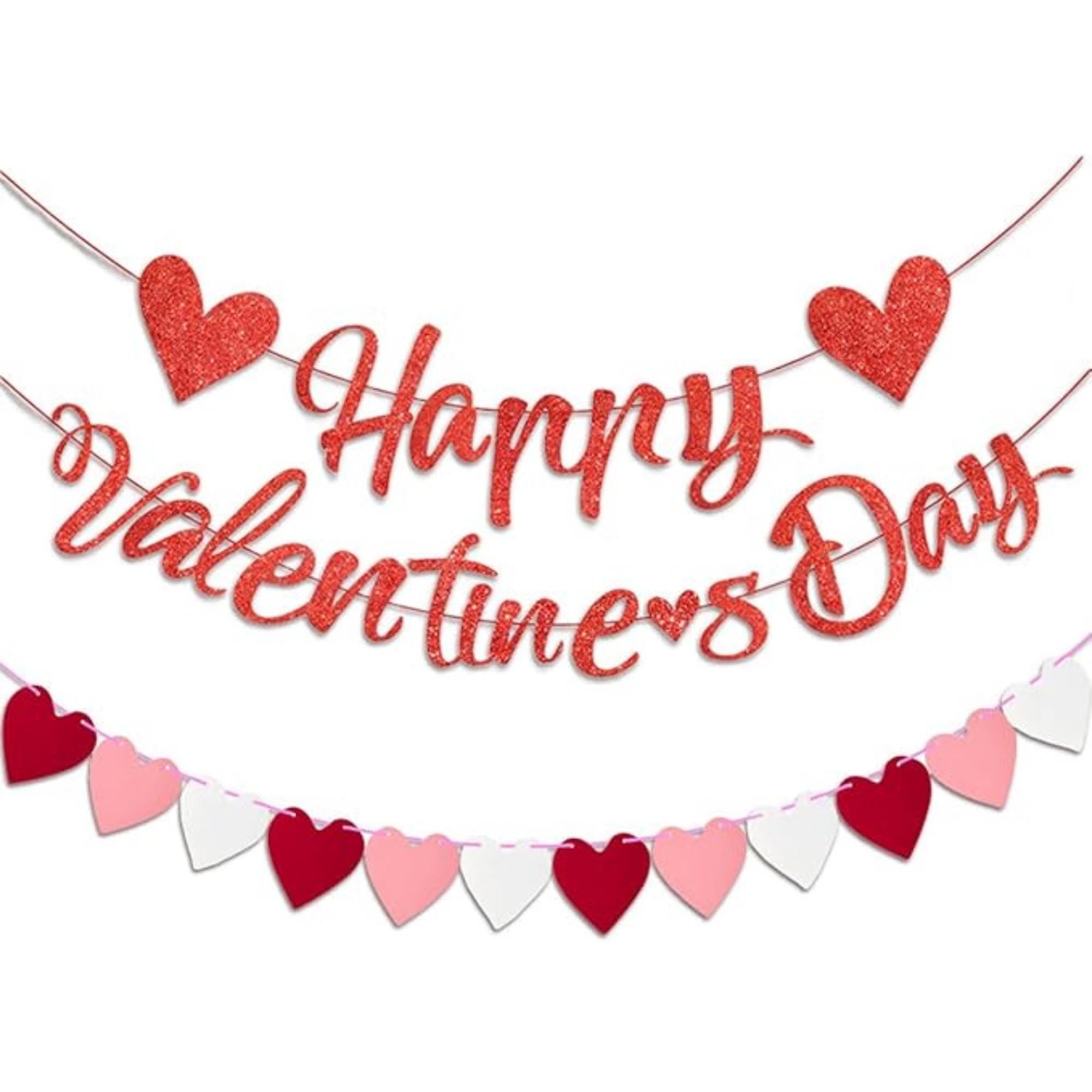 Happy Valentines Day Glitter Banner Red Pink Heart Garland Party Decor