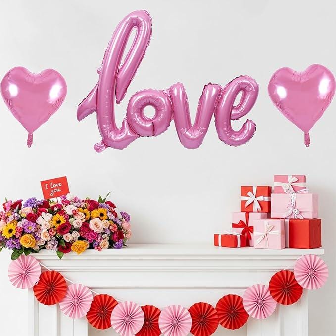 Pink LOVE Foil Balloon Banner with Heart Balloons, Party Decor