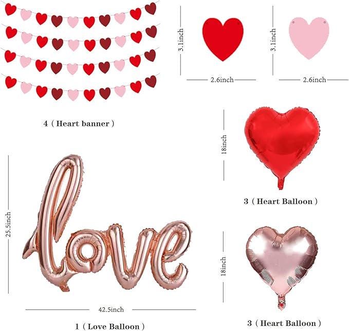 Valentines Day Decor Set: Felt Heart Garland, Rose Gold Love Balloon