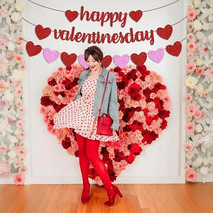 Glitter Happy Valentines Day Banner Red Pink Heart Garland Valentines Party Home Decor