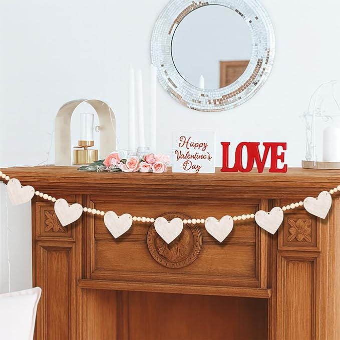 Valentines Day White Heart Garland Beads Rustic Banner Mantle Wall Party Decor