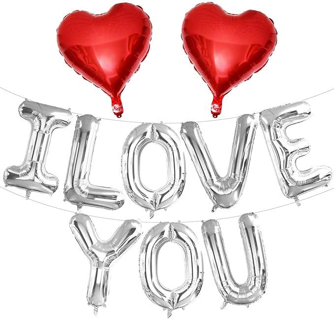I LOVE YOU Balloons: 10-Piece Silver Letter & Red Heart Valentine's Day Decor