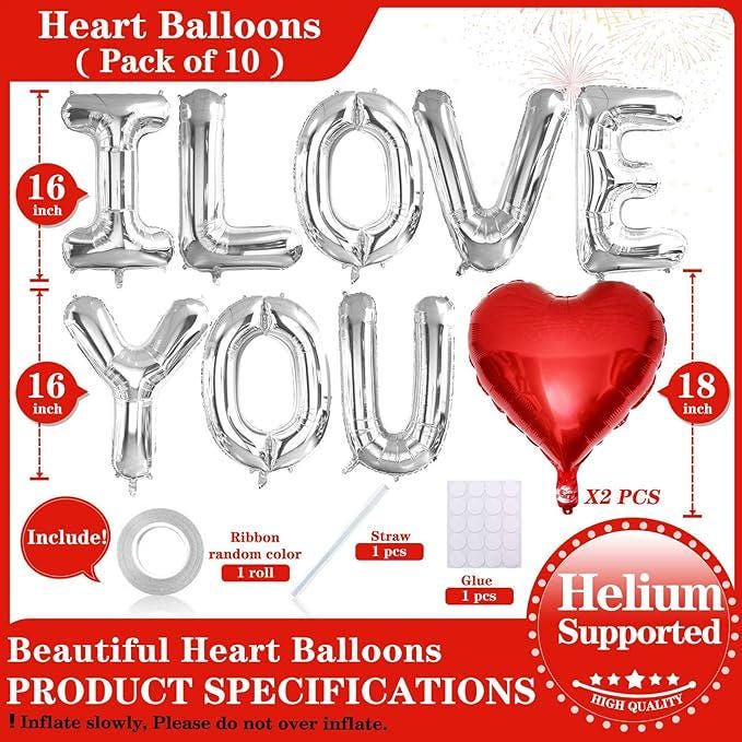 I LOVE YOU Balloons: 10-Piece Silver Letter & Red Heart Valentine's Day Decor