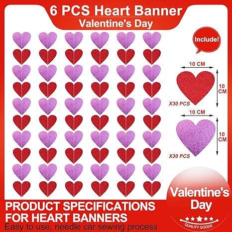 6 Pack Pre Strung Glitter Heart Garland Banners Red Pink Valentines Party Decor