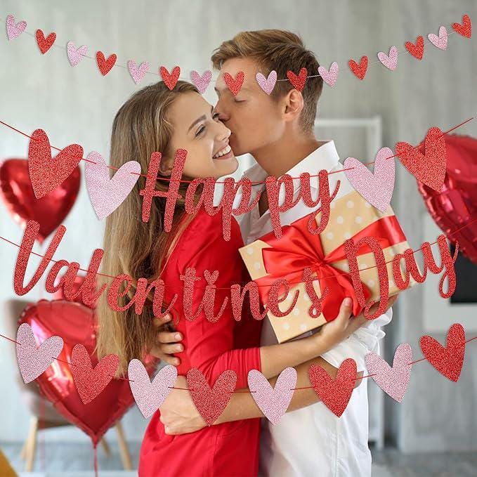 Red Glitter Happy Valentines Day Banner Heart Garland Valentines Party Decor
