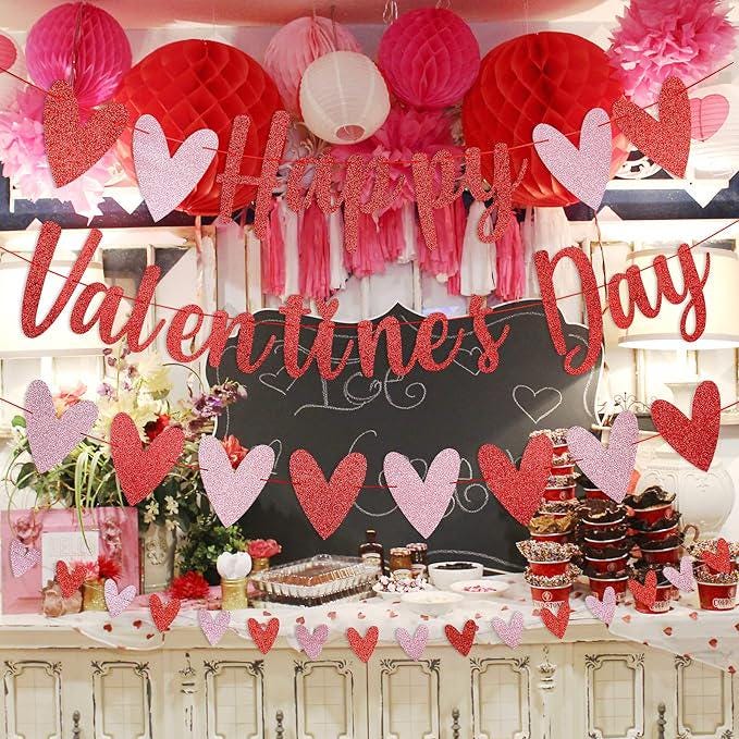Red Glitter Happy Valentines Day Banner Heart Garland Valentines Party Decor