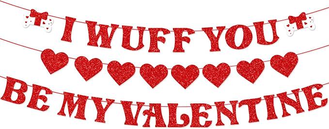 Valentines Day Banner Garland Set of 3 Red Heart Glitter Garlands Party Decor