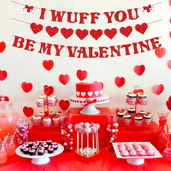 Valentines Day Banner Garland Set of 3 Red Heart Glitter Garlands Party Decor