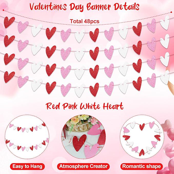 4 Pack Glitter Heart Garland Banner Red Pink White Valentines Home Party Decor