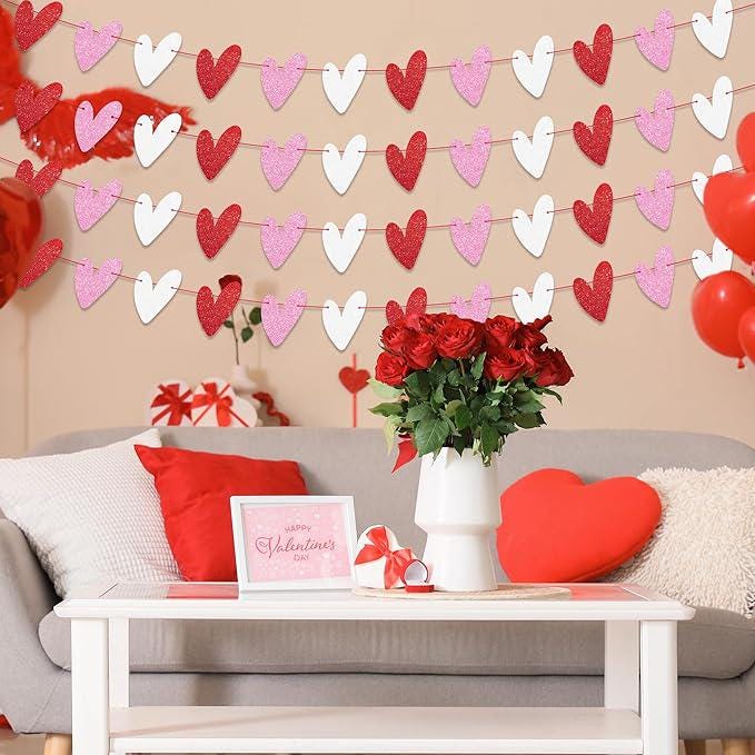 4 Pack Glitter Heart Garland Banner Red Pink White Valentines Home Party Decor
