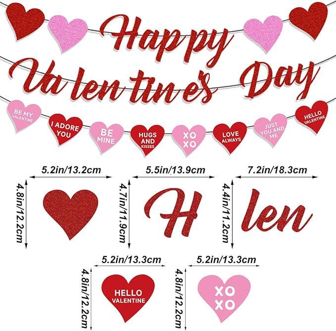 Red Pink Glitter Happy Valentines Conversation Heart Banner Home Office Decor