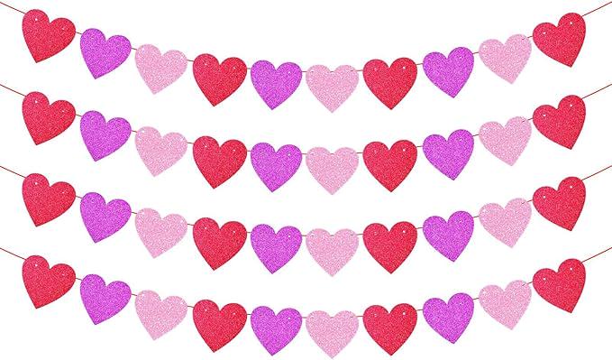 Glitter Red Pink Hot Pink Valentines Day Banner 4 Strings Heart Party Decor