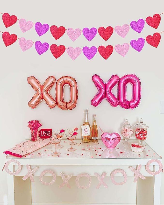 Glitter Red Pink Hot Pink Valentines Day Banner 4 Strings Heart Party Decor
