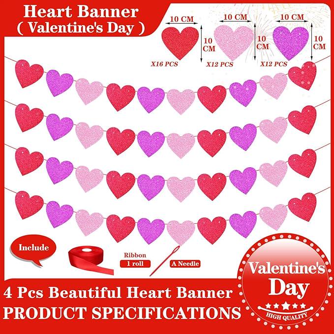 Glitter Red Pink Hot Pink Valentines Day Banner 4 Strings Heart Party Decor