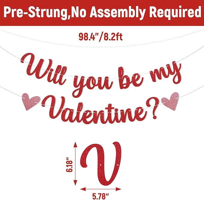 Will You Be My Valentine Banner Red Glitter Romantic Valentines Party Decor