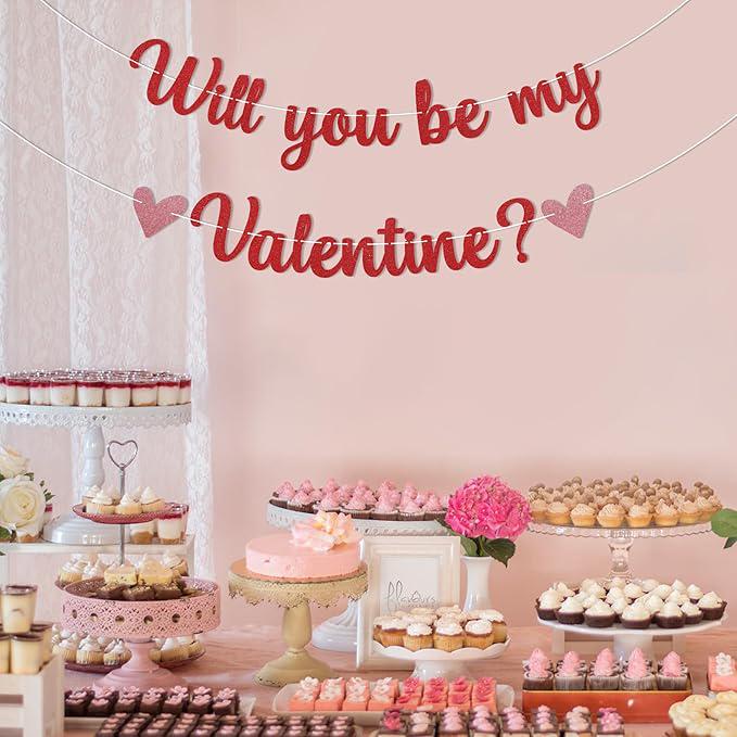 Will You Be My Valentine Banner Red Glitter Romantic Valentines Party Decor