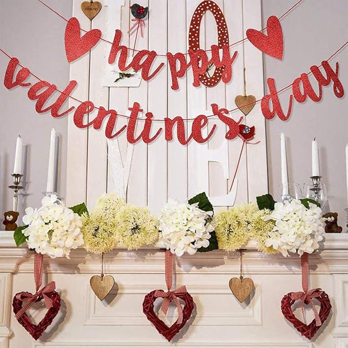Happy Valentines Day Banner Red Glitter Letters Heart Party Decor for Home Wedding