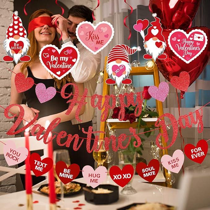 Red Happy Valentines Day Banner Hanging Heart Swirl Valentines Party Decor