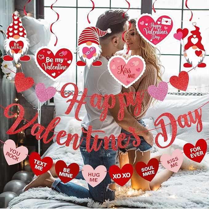 Red Happy Valentines Day Banner Hanging Heart Swirl Valentines Party Decor