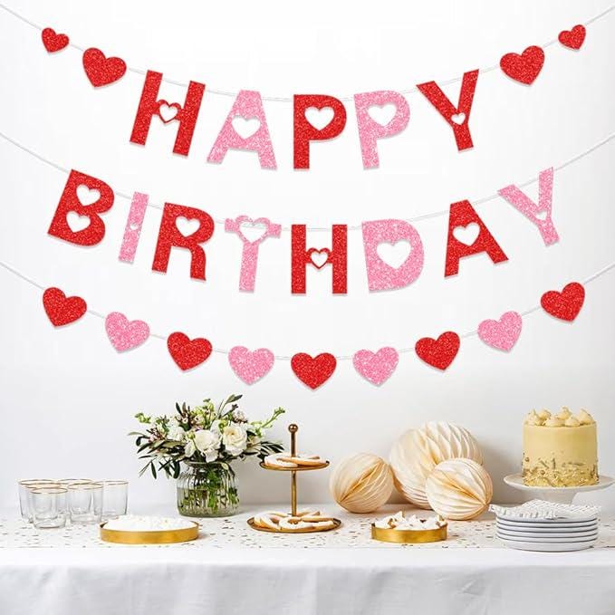 Happy Birthday Banner Red Pink Galentine Glitter Heart Party Decor