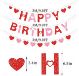 Happy Birthday Banner Red Pink Galentine Glitter Heart Party Decor