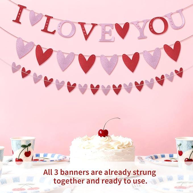 I Love You Banner Red Pink Glitter Valentines Hanging Heart Garland Party Decor