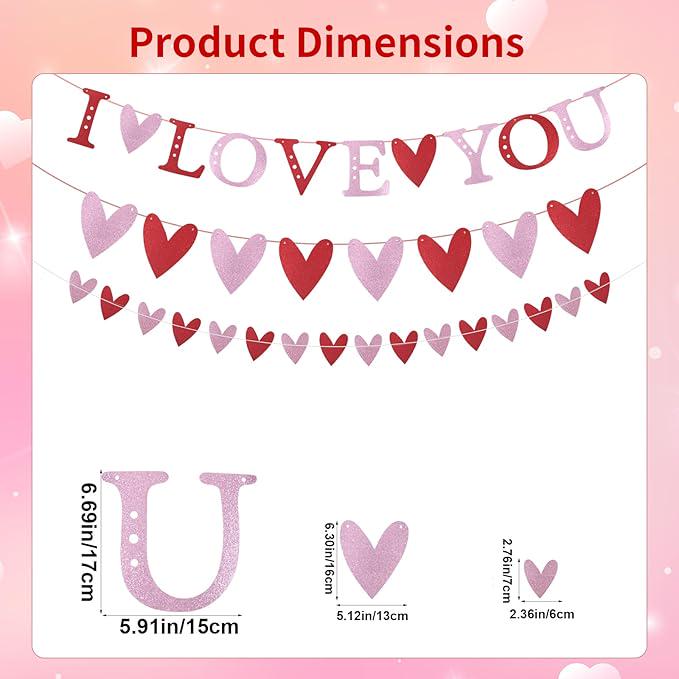I Love You Banner Red Pink Glitter Valentines Hanging Heart Garland Party Decor
