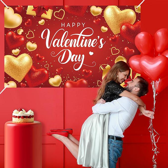 Happy Valentines Day Backdrop Banner Red Gold Heart Romantic Party Decor