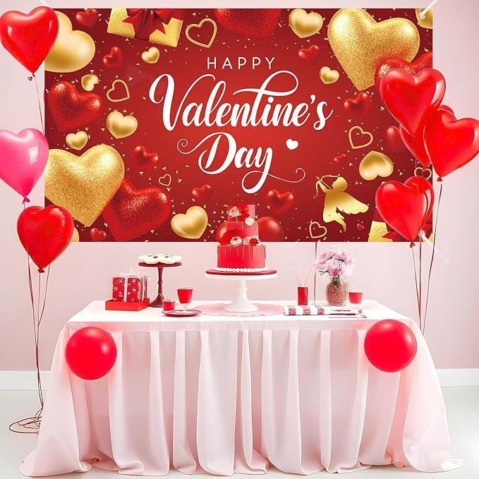 Happy Valentines Day Backdrop Banner Red Gold Heart Romantic Party Decor