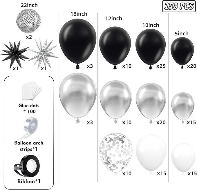 153pcs Black Silver White Balloon Garland Arch Kit Stars Disco Confetti Birthday Party
