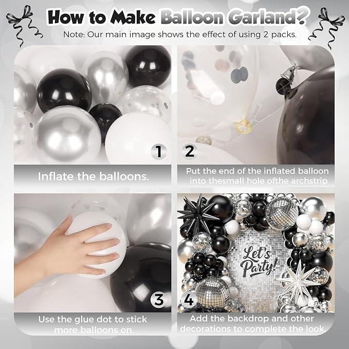 153pcs Black Silver White Balloon Garland Arch Kit Stars Disco Confetti Birthday Party