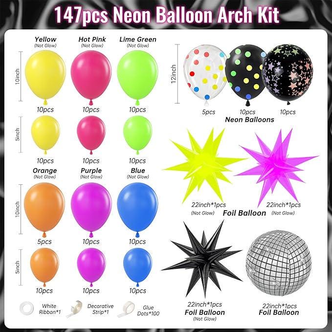 147PCS Neon Balloon Arch Kit Bright Balloons for Glow in the Dark Party Decor