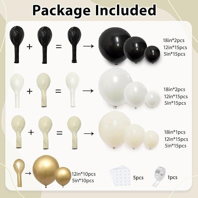 Black White Gold Balloon Arch Kit Pearl Cream Garland for Wedding Birthday Party