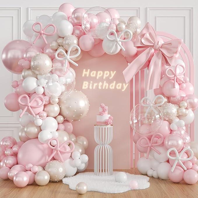 Pink Bow Balloon Arch Kit Clear Light Pearl Pink White Balloons for Party