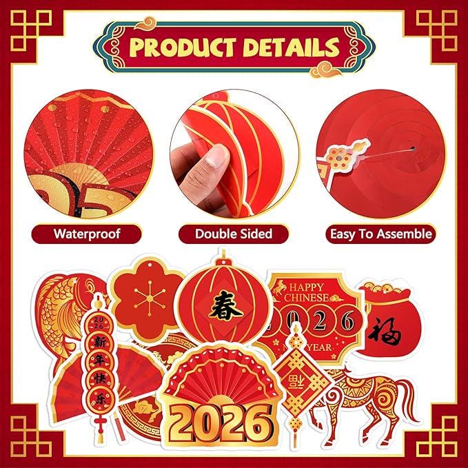 22PC Chinese New Year 2026 Hanging Swirls Red Gold Horse Ceiling Party Decor