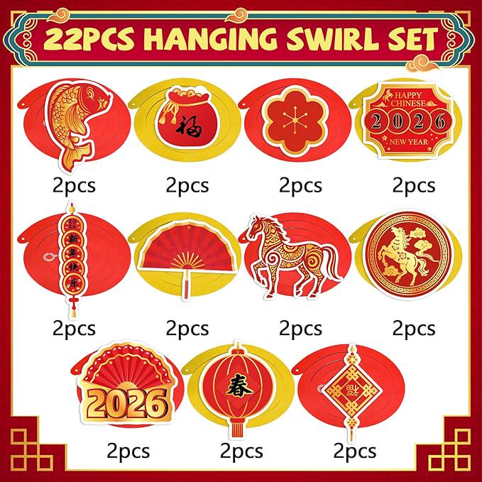 22PC Chinese New Year 2026 Hanging Swirls Red Gold Horse Ceiling Party Decor