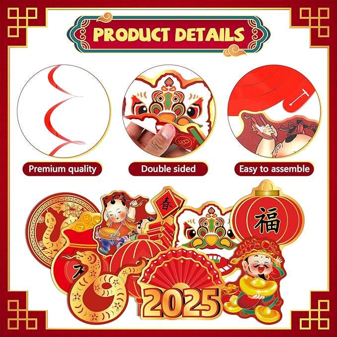 22pcs Chinese New Year 2025 Banner Hanging Swirls Snake Lunar Festival Decor